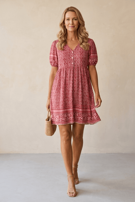 Boho Floral Border Print V-Neck Summer Dress