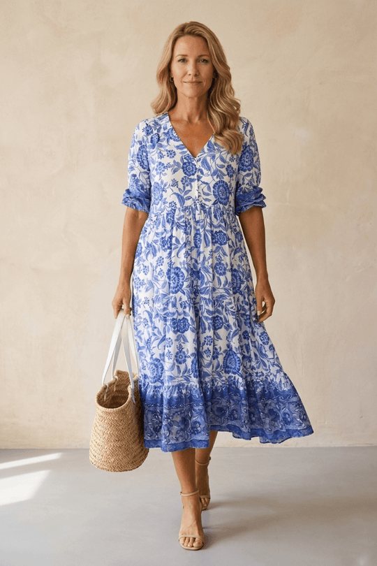 Boho Floral Print Relaxed Fit Midi Dress