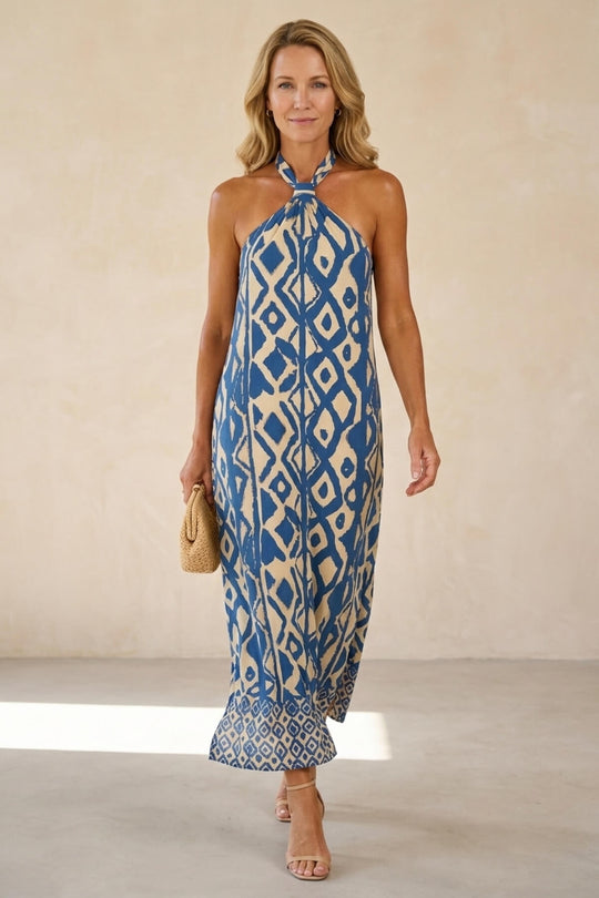 Boho Geometric Pattern Halter Slit Summer Dress