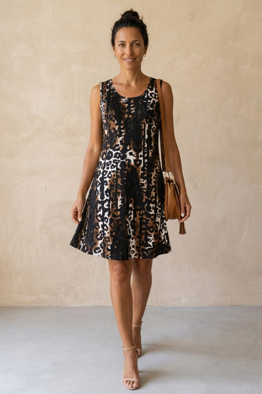 Boho Leopard Print Round Neck Dress