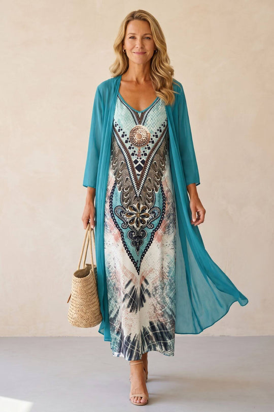 Boho Medallion Print Maxi With Cardigan
