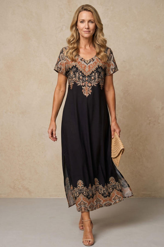 Boho Short Sleeve Ornate Print Maxi Dress