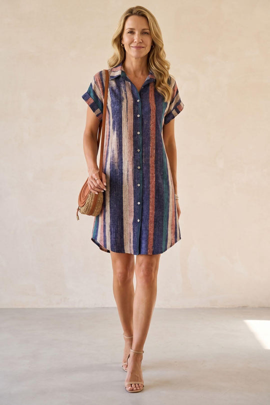 Boho Striped Button Down Shirt Dress