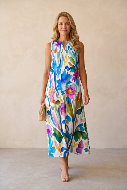 Bold Botanical Print Notch Neck Maxi Dress