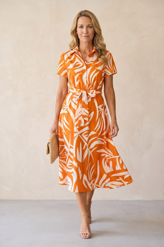 Button-Down Short Sleeve Tie-Waist Midi Dress