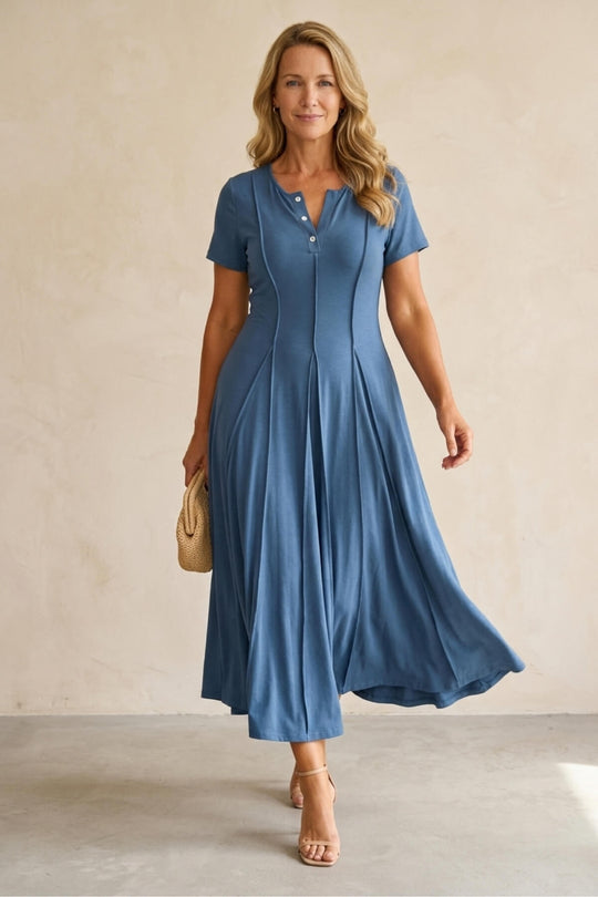 Button-Front Short Sleeve Paneled Maxi Dress - Plus Size