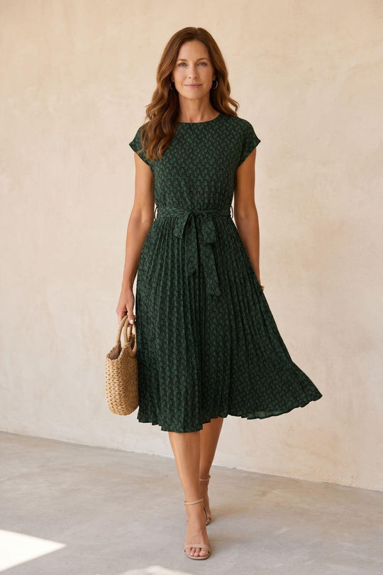 Cap Sleeve Accordion Pleat Bohemian Dress