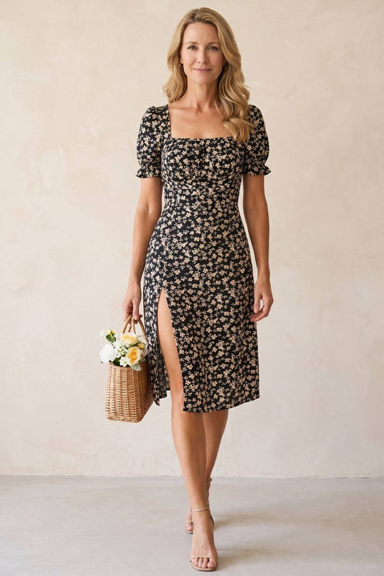 Casual Boho Floral Print Short Sleeve Slit Dress