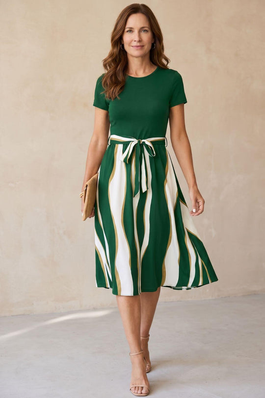 Casual Crew Neck Tie Waist Flared Midi Dress