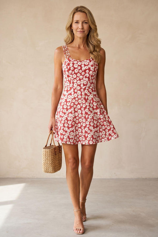 Casual Daisy Print Multi-Strap Mini Dress