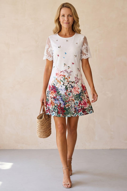 Casual Floral Hem Short Dress with Lace Sleeves