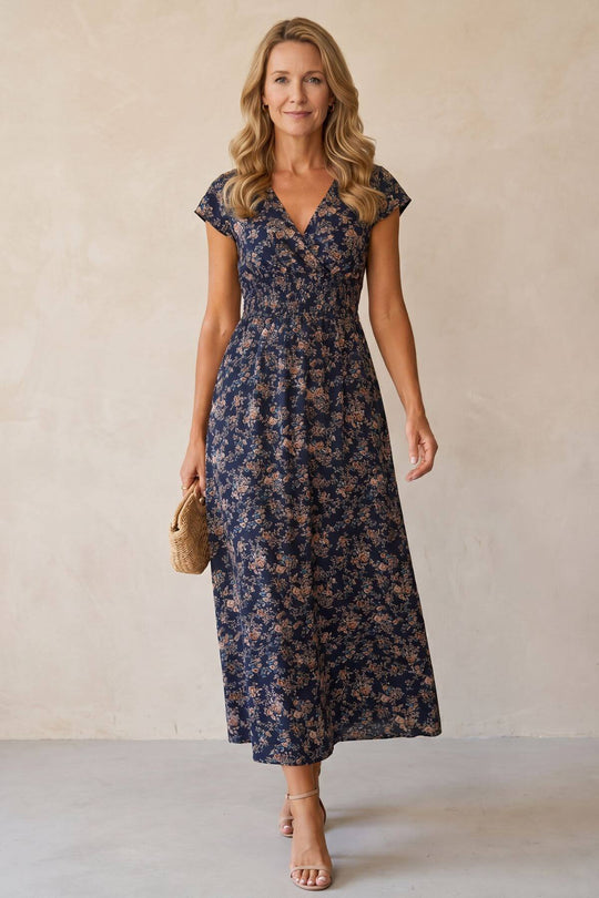 Casual Floral Print Cap Sleeve Maxi Dress