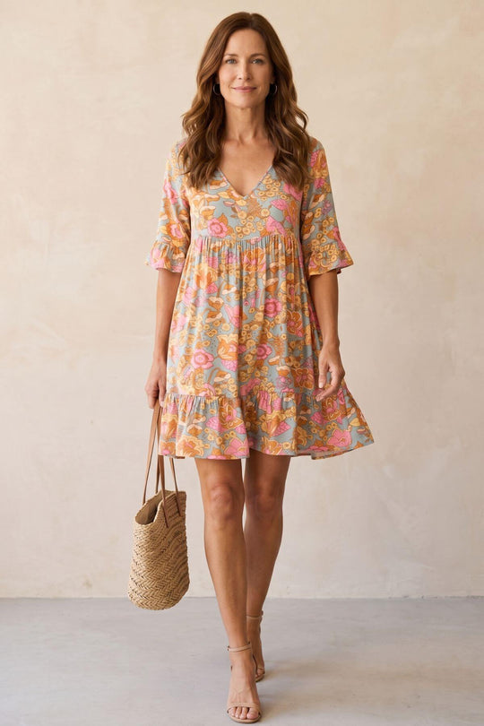 Casual Flutter Sleeve Floral Swing Dress