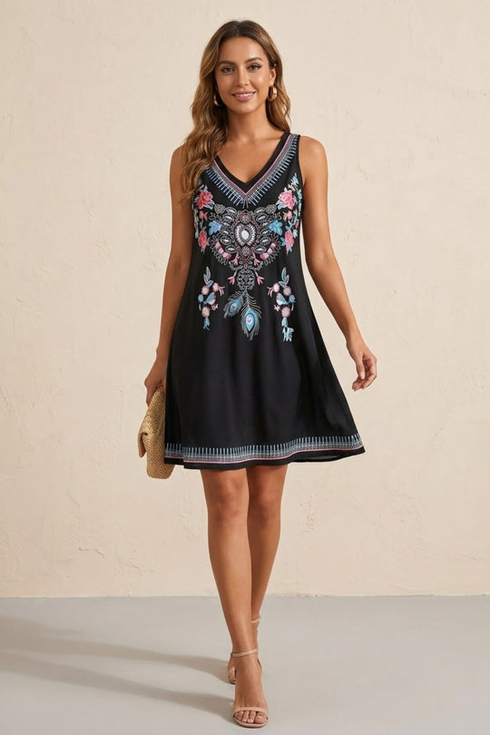 Casual Folkloric Print V-Neck Short Dress