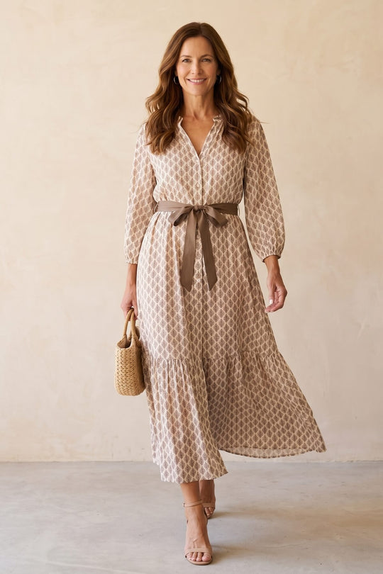 Casual Geometric Print Tie Waist Maxi