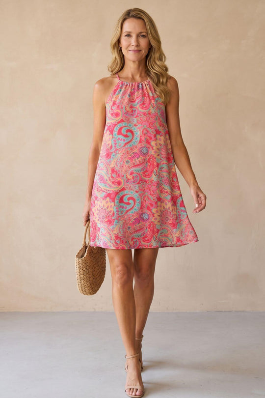 Casual High-Neck Paisley Swing Mini Dress