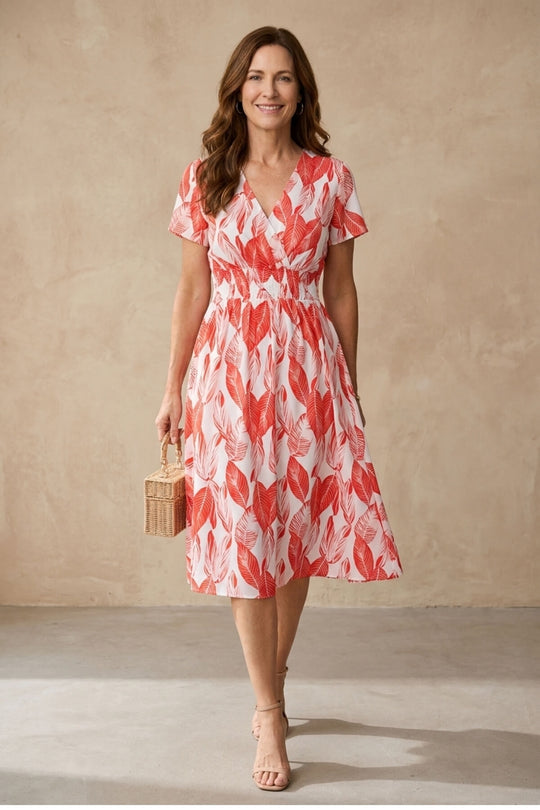 Casual Leaf Print Smocked Midi Dress