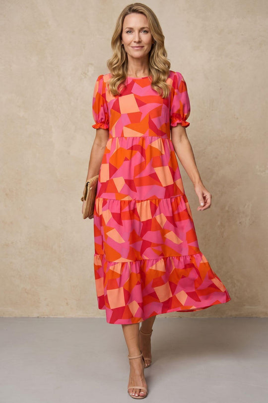 Casual Puff Sleeve Tiered Swing Dress