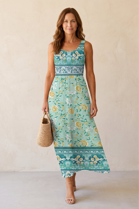 Casual Sleeveless Floral Border Midi Dress