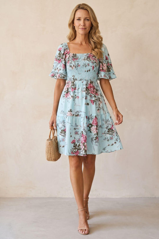 Casual Smocked Bodice Floral Flared Dress