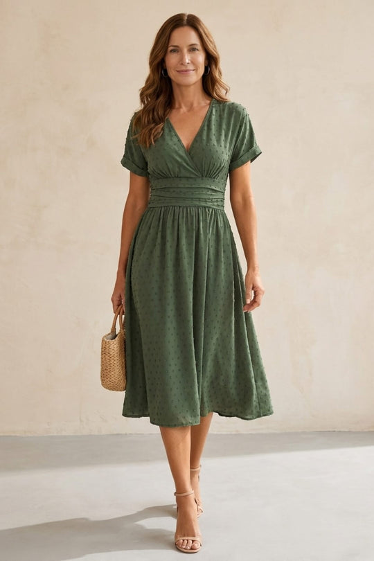 Casual Swiss Dot V-Neck Midi Dress