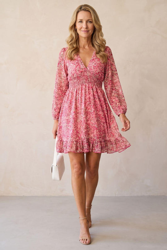 Casual V-Neck Floral Smocked Mini Dress