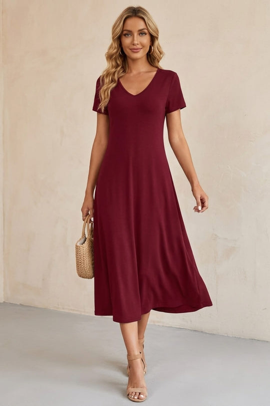 Casual V-Neck Pocket Midi Dress