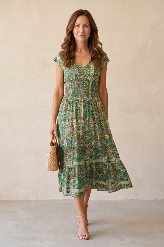 Casual V-Neck Smocked Bodice Bohemian Dress