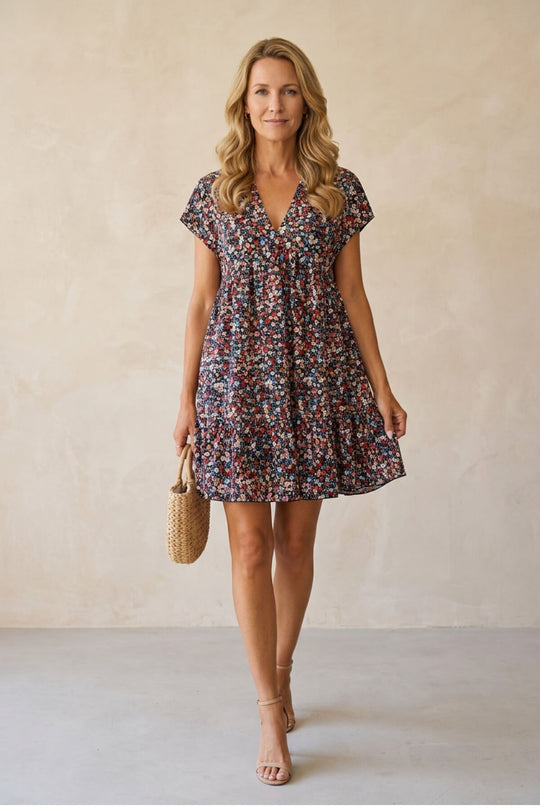 Casual V-Neck Tiered Floral Flowy Mini Dress