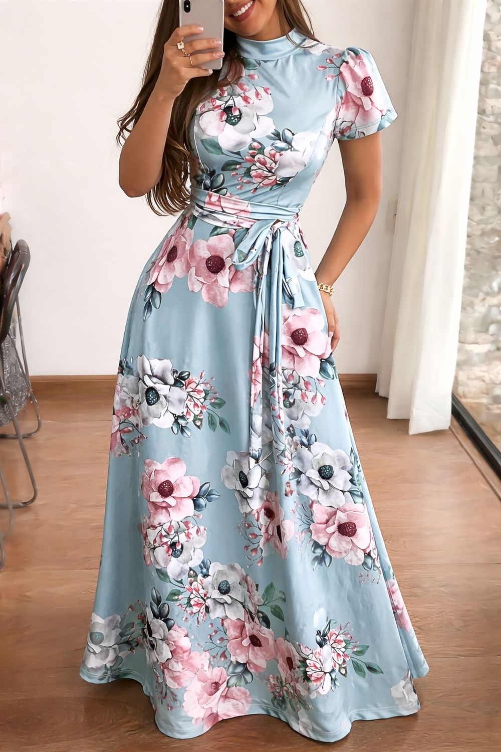 Belted High-Neck Floral Occasion Retro Dress