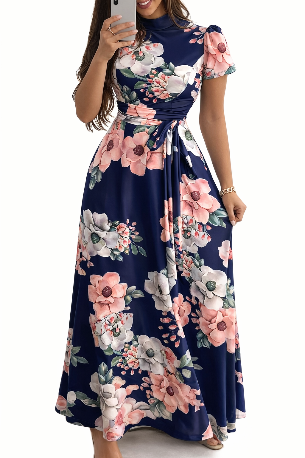 Belted High-Neck Floral Occasion Retro Dress