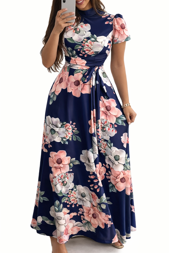 Belted High-Neck Floral Occasion Retro Dress