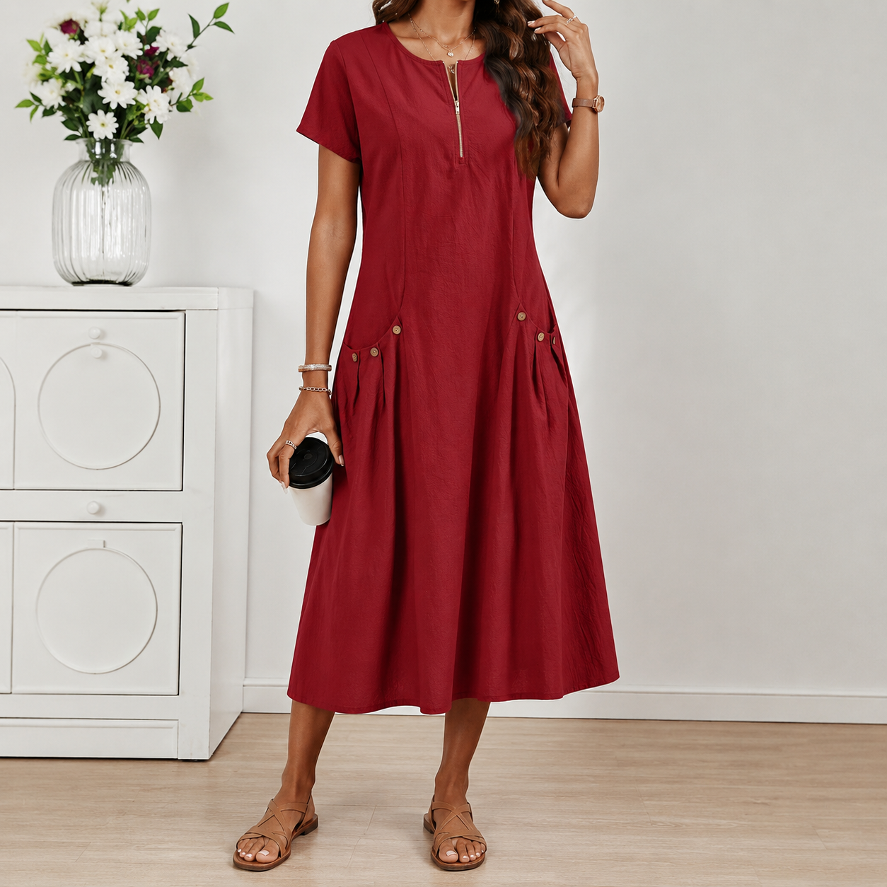 Relaxed Short Sleeve Button Pocket Shift Dress