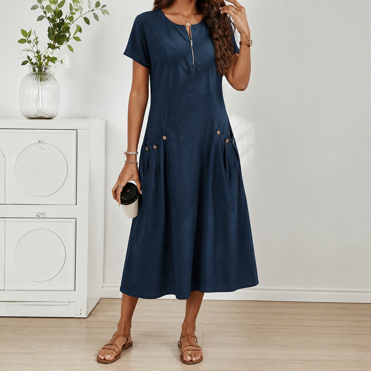 Relaxed Short Sleeve Button Pocket Shift Dress