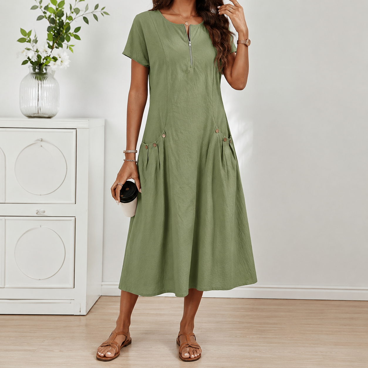 Relaxed Short Sleeve Button Pocket Shift Dress