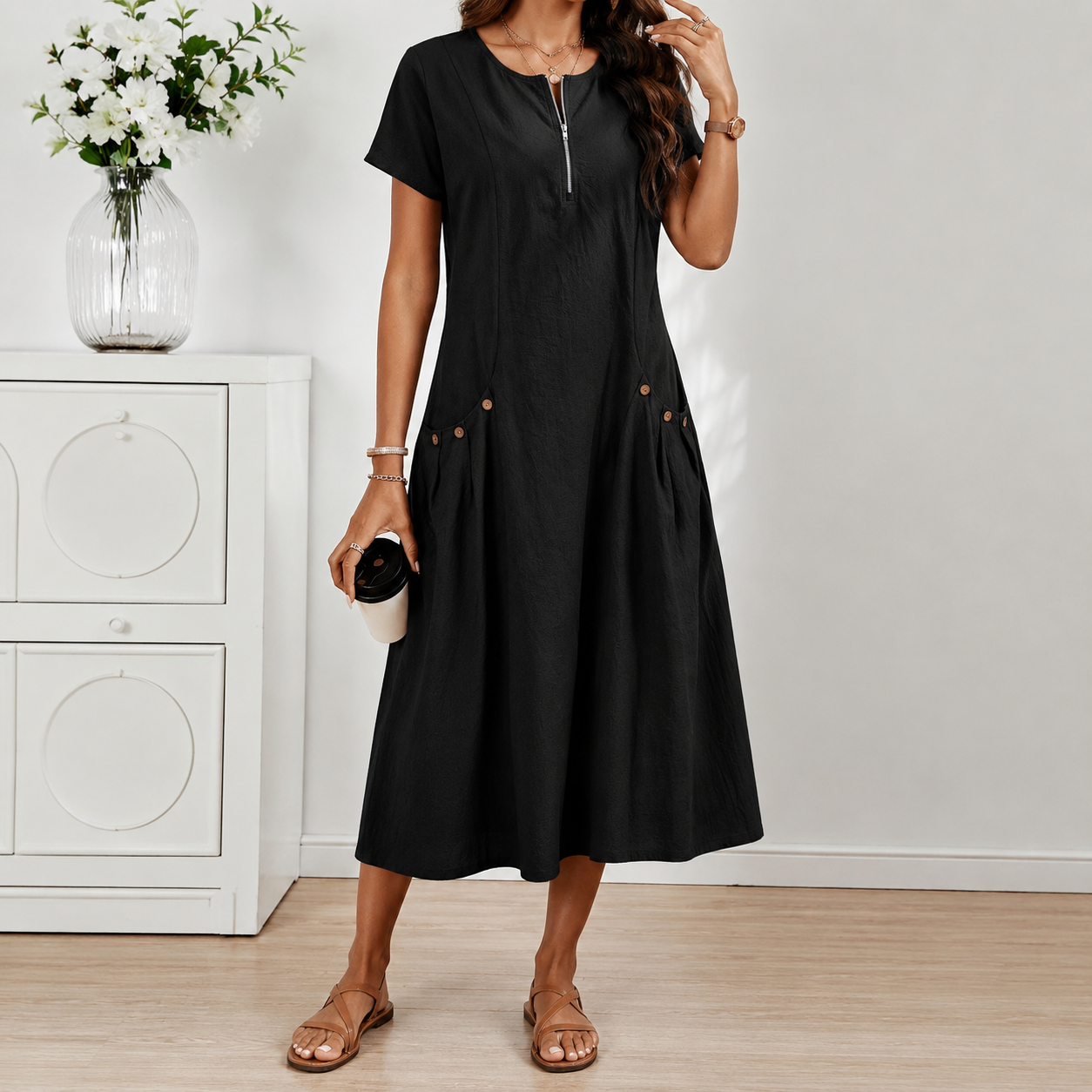 Relaxed Short Sleeve Button Pocket Shift Dress