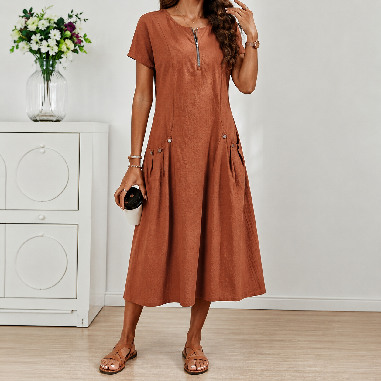 Relaxed Short Sleeve Button Pocket Shift Dress