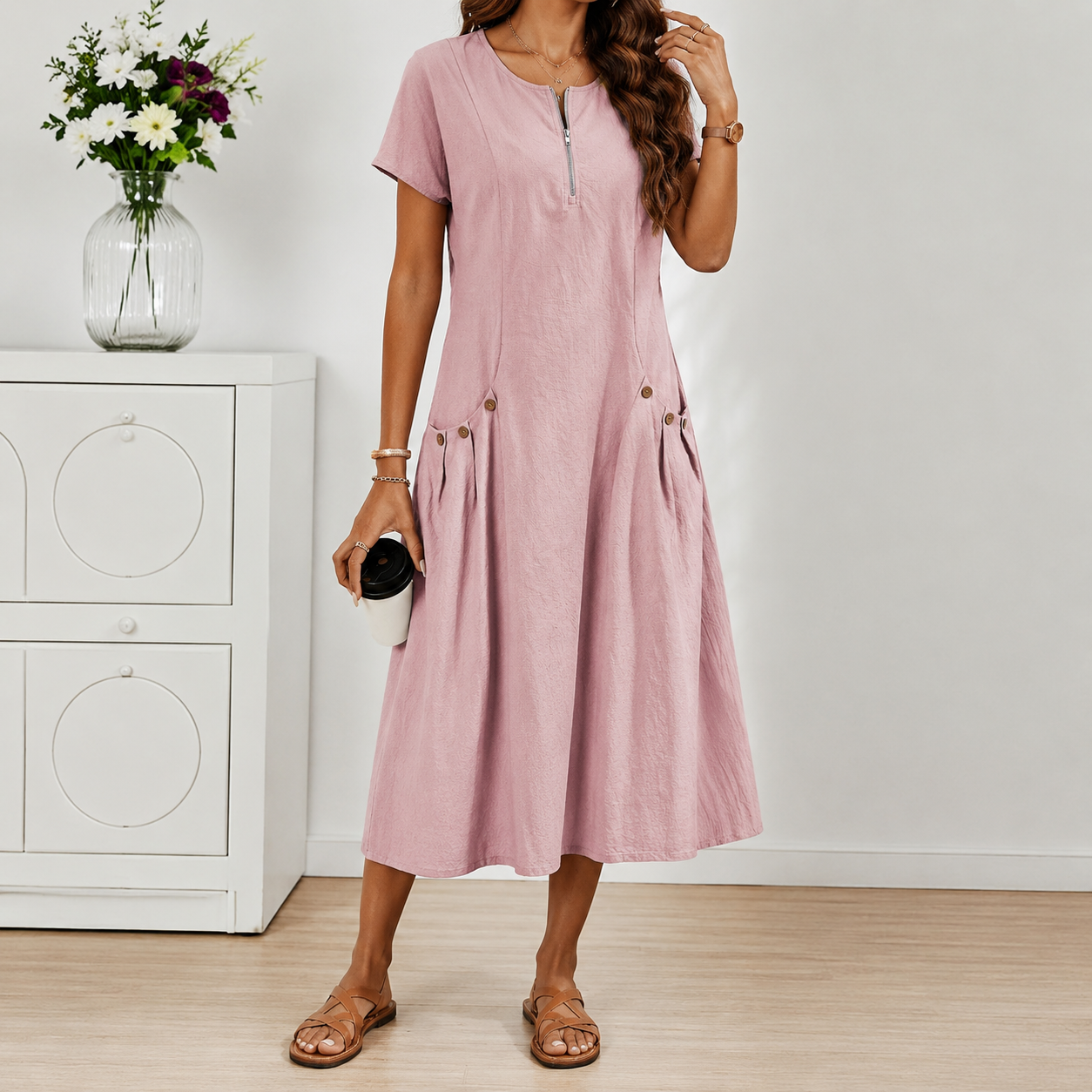 Relaxed Short Sleeve Button Pocket Shift Dress