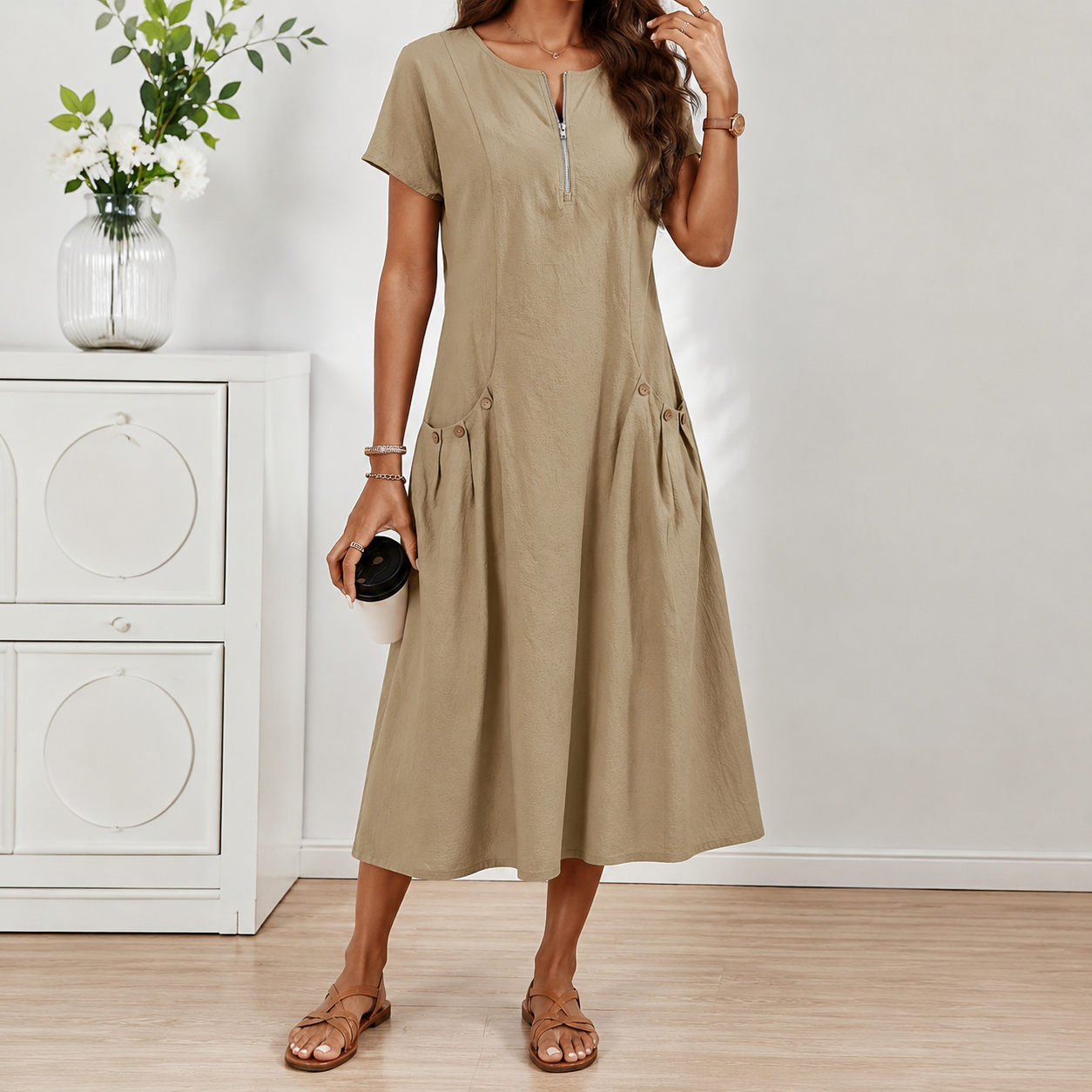 Relaxed Short Sleeve Button Pocket Shift Dress