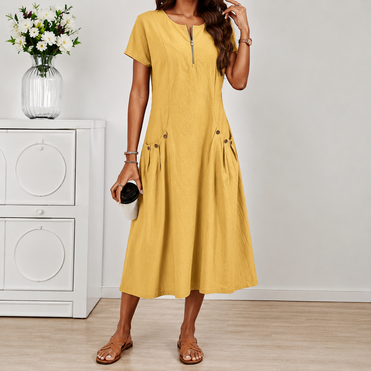 Relaxed Short Sleeve Button Pocket Shift Dress