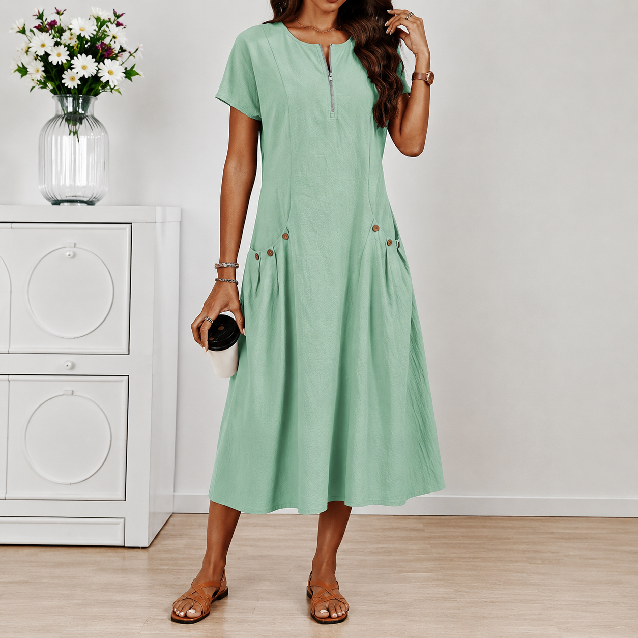 Relaxed Short Sleeve Button Pocket Shift Dress