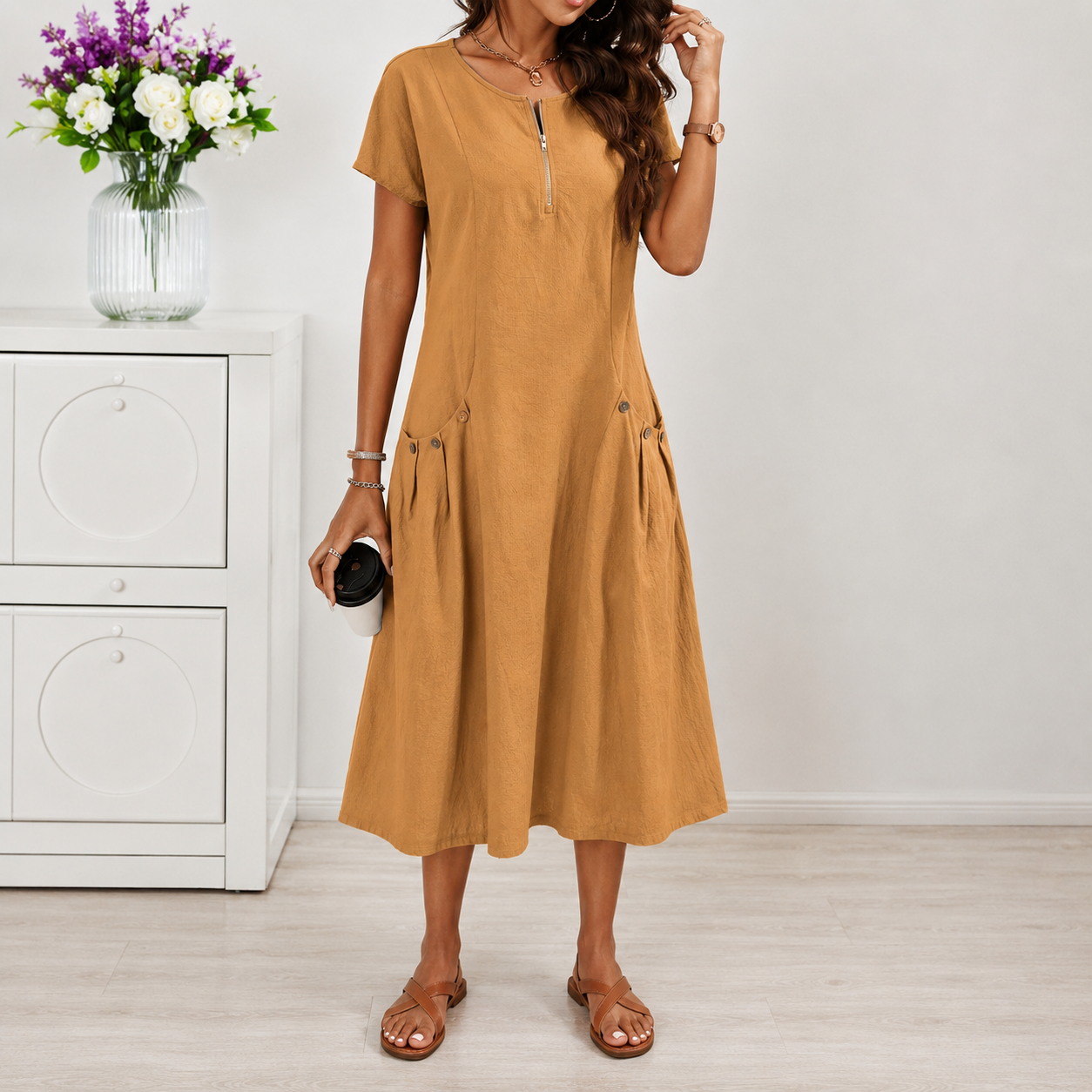Relaxed Short Sleeve Button Pocket Shift Dress