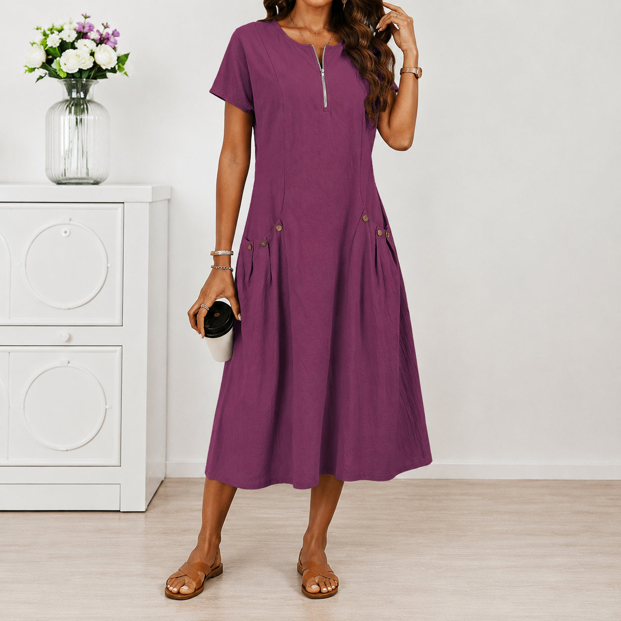Relaxed Short Sleeve Button Pocket Shift Dress