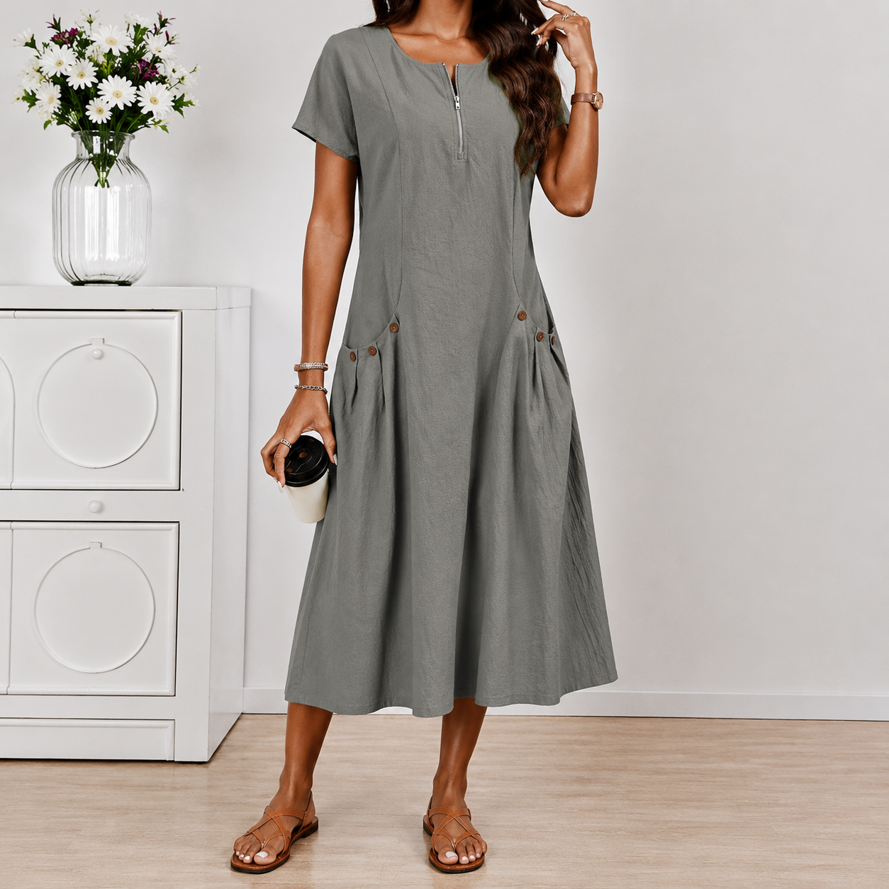 Relaxed Short Sleeve Button Pocket Shift Dress