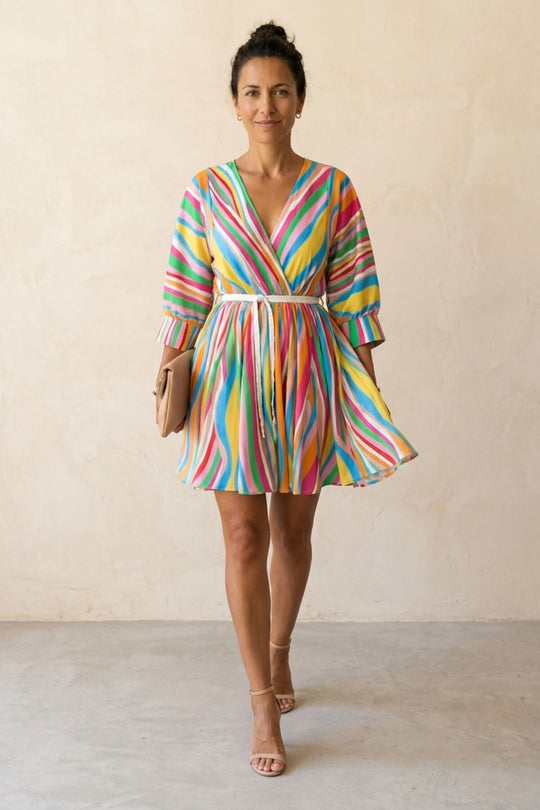 Colorful Striped V-Neck Mini Boho Dress