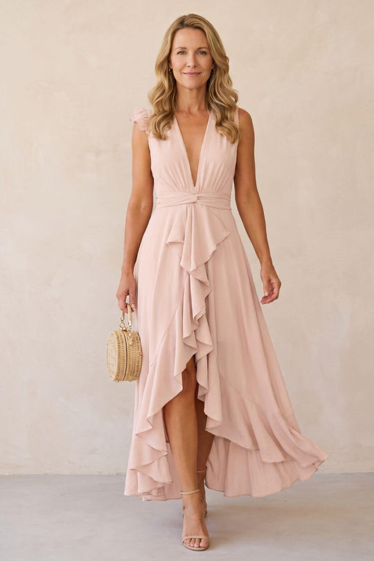 Deep V Ruffle Split Maxi Dress