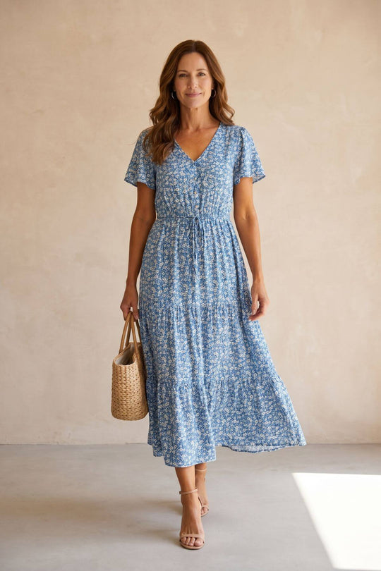 Ditsy Floral Flutter Sleeve Tiered Maxi Dress