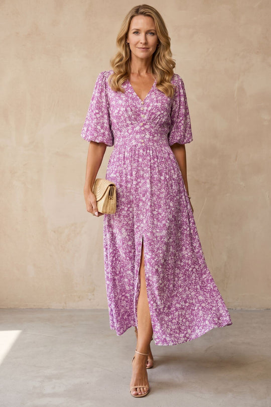 Ditsy Floral Print Front Slit Vacation Maxi Dress