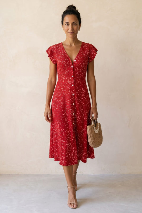 Elegant Polka Dot V-Neck Button Maxi Dress