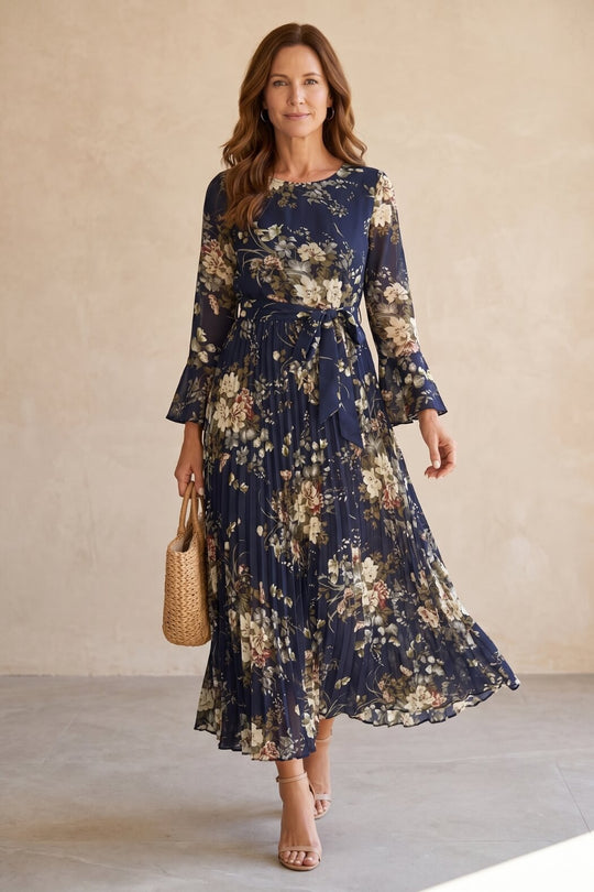Elegant Floral Pleated Long Sleeve Maxi Dress